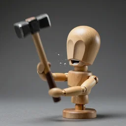 Wooden display mannequin head with exaggerated features gets smashed by a sledgehammer, motion blur, studio lighting, low shutter speed