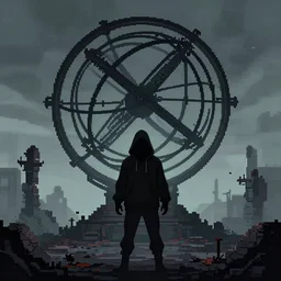 a mysterious man wearing a hoodie with face shrouded in darkness standing before the ruin of an enormous armillary sphere, dark and forboding, pixel art