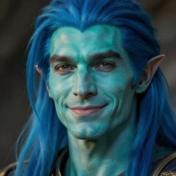 a face portrait of a humanoid male with turquois colored skin, slight smile, chiseled jawline, triton race from d & d, gills on his neck, long blue hair, smiling, style by donato giancola, wayne reynolds, jeff easley dramatic light, high detail, cinematic lighting, artstation, dungeons and dragons
