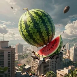 an big watermelon falling from the sky crush the high building cause big destruction, cinematic, movie still , Holywood quality, end of the world, impactful ambient