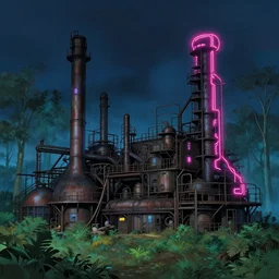 industrial architecture by peter doig, magic realism alien tron neon signs nightsky forest reclaimed by nature landscape studio ghibli nature, archdaily, wallpaper, highly detailed, trending on artstation.