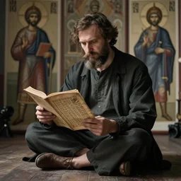 lotus pose, hyperrealistic photo of chapaev reading an ancient folio, muted color, deep shadows and light, super detail, very detailed drawing, 8 k, cinematic lighting, epic composition, stylization of an orthodox icon, stylization of a soviet poster, fashionable art station, very high detail, stunning, hdr, smooth, clear focus, high resolution, award - winning photography, slr camera, 5. 0 mm