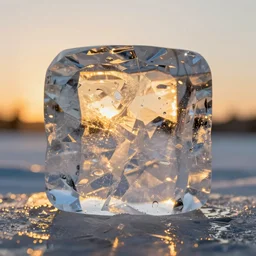 a zoom in on a transparent crystal clear block of ice that is shaped in a non usual yet compelling way, the reflection from the ice is sparkling due to sunset lighting (golden hour)