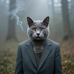 photographic portrait, gray cat in a suit, cigarette smoke, in fog, a forest in the background, by helmut newton