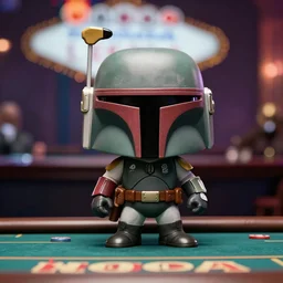 film still of funko pop Boba Fett gambling in vegas in the Phantom Menace 1999