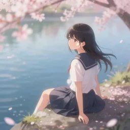 Soft blur, digital art, anime, advanced digital art, girl sitting at the edge of a cliff overlooking a lake filled with sakura petals, light reflected on her face in the style of RossDraws. —W 4096 —H 4096