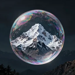 a bubble of soap containing one tallest, snowy mountain. the bubble is floating in the dark, dramatic scenery, ultra realistic, extremely detailed, surreal, hyperrealistic, octane