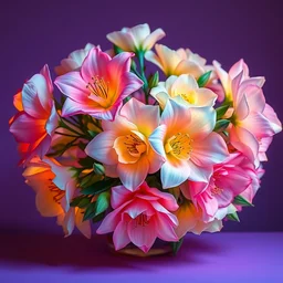 a boquet of uv glow pastel flowers, blooming baroque rococo, in the style of martin johnson heade