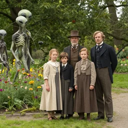 still from a sci fi blockbuster color movie made in 2019, set in 1860, of a  family standing in a park, next to some alien plants and flowers, the family are all wearing 1850s era clothes, good lighting, good photography