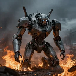 a dramatic photo of a large futuristic robot bent on knees towards a burning field, photograph, smoke, dark, 8k, detailed