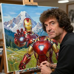 a closeup photorealistic photograph of bob ross sitting in his studio working on a canvas painting of iron man. mountain scape. film still, vibrant colors. this 4 k hd image is trending on artstation, featured on behance, well - rendered, extra crisp, features intricate detail, epic composition and the style of unreal engine.