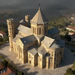 monolithic church, stone hewn, krak de chevalier, epic scale, enormous towers, aerial view, matte painting, dramatic lighting, artstation