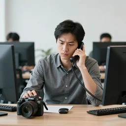 A software engineer who is talented but tired is tasked with another dead end support call on the phone, Canon EOS R3, f/1.4, ISO 200, 1/160s, 8K, RAW, unedited, symmetrical balance, in-frame