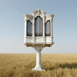a detailed render of an isolated lonely marble pipe organ, in the middle of a field, supported by a lone stone column, trending on artstation, render, 3 d, octane, 4 k, 8 k, unreal engine, cinema 4 d, baroque, art deco