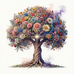 high intricate detailed abstract photo of a tree of life covered in flowers and psychedelic smoke, golden ratio, rule of thirds, elegant, by lea leonowicz, by maks trofimov, by jenny brozek, by johannes wessmark