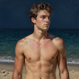 a male at the beach, extreme fine detail background, night, highly detailed, high quality, digital painting, hyperrealistic, by gaston bussiere, j. c. leyendecker, craig mullins