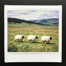 three sheep walking on a polaroid, micro - landscape, comic paint,