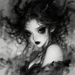 portrait of demon girl by martine johanna, dreamy and ethereal, expressive pose, big black eyes, exciting expression, fantasy, intricate, elegant, dark and moody smoke, highly detailed, digital painting, artstation, concept art, smooth, sharp focus, illustration, black flowing ink, blackened eyes