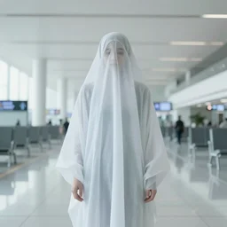 ghostly beauty woman in an white wall airport terminal