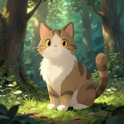a cat in a forest, highly detailed, digital art, trending on artstation, backlighting, by kawacy, by don bluth, by ken sugimori, by louis wain, fan art