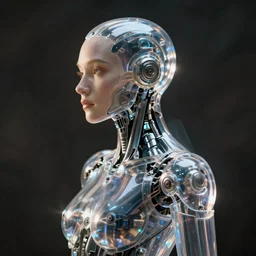 profile portrait photo of cybernetic exoskeleton human, transparent body, fashion photography