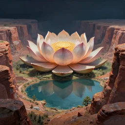 a beautiful highly detailed matte painting of an alien planet with giant lotus with a lake surrounded by a canyon and rocks. by albrecht anker concept art