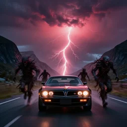 nightmarish creatures rushing towards car, black pontiac firebird trans - am driving towards the camera, norway mountains, red glow in sky, cinematic, motionblur, volumetric lighting, wide shot, low angle, large lightning storm, thunder storm