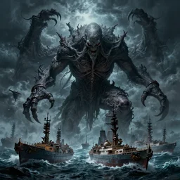 an ultradetailed illustration of cthulu destroying a fleet of ships, cthulu, ominous and scary, dark thunderstorm, lovecraftian horror, monster from beneath the waves, intricate detail, cinematic, 8 k, cel shaded, volumetric lighting, octane render, art by greg rutkowski and albert bierstadt