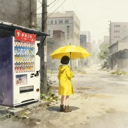 a dusty deserted city, a girl with a yellow raincoat and a yellow parasol, broken vending machines, Ghost in the Shell, ultrawide watercolor