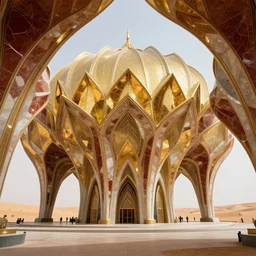 interior of a futuristic lotus mosque cathedral with gold, red and white marble panels, in the desert, by buckminster fuller and syd mead, intricate contemporary architecture, photo journalism, photography, cinematic, national geographic photoshoot