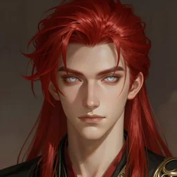A handsome man with a blood red hair, white eyes, fantasy, portrait, sharp focus, intricate, elegant, digital painting, artstation, matte, highly detailed, concept art, illustration, ambient lighting