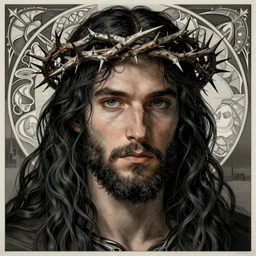 portrait of a young giant messiah wearing a thorn crown with long tangles of beautiful black hair and beard, sharp eyes, hyper realistic face, fantasy art, greg rutkowski, intricate, alphonse mucha, hyper detailed engraving, concept art, elden ring, illustration, smooth, sharp focus, by gustave dore and greg rutkowski