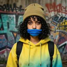 highly detailed portrait of a sewer punk student lady with trendy hoody and khaki beanie hat and blue scraf wrapped around mouth, with black curly hair by atey ghailan, james gilleard, by joe fenton, by greg rutkowski, by greg tocchini, by kaethe butcher, 4 k resolution, gradient yellow, black, brown and cyan color scheme, grunge aesthetic!!! ( ( dystopian graffiti tag wall in background ) )