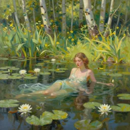 painting of a beautiful nymph bathing in a shallow pond, obscured by water lilies, aspen grove in the background, by Jeremy Mann, stylized, detailed, loose brush strokes, pastel colors, green and yellow tones