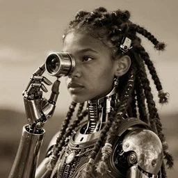futuristic himba young woman, glowing mechanical eye camera, mechanical limbs, cybernetic dreadlocks, realistic concept art, dramatic lighting, intricate, depth of field, upper body, sepia