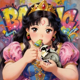 beautiful anime painting of fat asian princess eating her pet sugar glider, by gaston bussiere, j. c. leyendecker, craig mullins. trending on artstation, 8 k, masterpiece, graffiti paint, fine detail, full of color, intricate detail, golden ratio illustration, face enhance, sugar glider