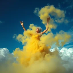 old dancing woman!!!!, fully covered in yellow and blue clouds!!!, disarming, enchanting, fragile, hopeful, cloudcore, full shot!!!!!!!, by kim keever