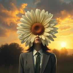 giant daisy flower as a head, frontal, a girl in a suit, surreal photography, sunrise, dramatic light, impressionist painting, digital painting, artstation, simon stalenhag