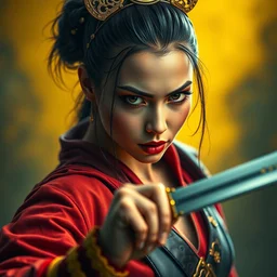 photorealistic portrait of a fighting, beautiful, arrogant, female samurai warrior, holding katana sword, goth punk, vibrant yellow, red, blue, colors, surreal, a french baroque by by alexander mcqueen, octane render, hyper detailed, cinematic lighting