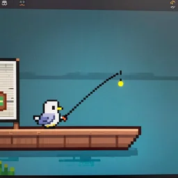 screenshot of a sideview pixel art game, bird on a boat fishing in a deep sea full of fish