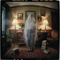 kodak portra 4 0 0, wetplate, fisheye, award - winning portrait by britt marling, 1 9 4 0 s room, ghost, picture frames, shining lamps, dust, smoke, 1 9 4 0 s furniture, wallpaper, carpet, books, muted colours, wood, fog, plants, flowers