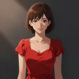 portrait of a beautiful girl in a red dress with short brown hair, men's haircut, and smiling, dramatic lighting, illustration by greg rutkowski, yoji shinkawa, 4 k, digital art, concept art, trending on artstation