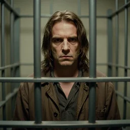 medium shot portrait of hannibal lecter locked up in a cell, faded color film, russian cinema, mario testino, tarkovsky, technicolor, shallow depth of field, long brown hair, old clothing, brown color palette, low light, criminal institute, 4 k, dramatic lighting, concept art