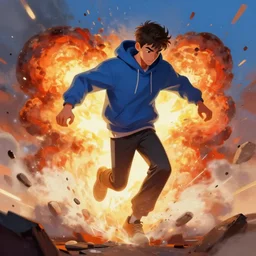 young man stepping out of a explosion, digital painting, concept art, hoodie, smooth, sharp focus, bright colors, illustration, artwork by artgerm