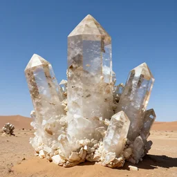 massive collossal cluster of prismatic quartz crystal emerging from the namibian desert, at high noon, high detail, by frederic church, by kent monkman, by caspar david friedrich
