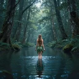 forest nymph rising from the water. view from behind, wide angle view, back view. nuri iyem, james gurney, james jean, greg rutkowski, anato finnstark. trending on artstation, starlight, and enchanted dreams. instagram photo shoot, sigma 3 5 mm, award winning photography, pinterest