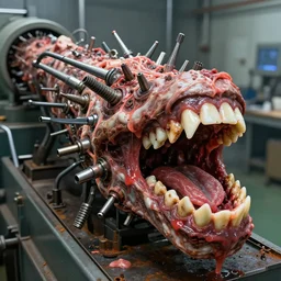 a close up of an elongated machine made of teeth dental drills and raw meat rust, in a factory, concept art by giger, cgsociety, assemblage, trypophobia, greeble, grotesque, biomechanical open mouth drilling giant teeth, industrial saliva