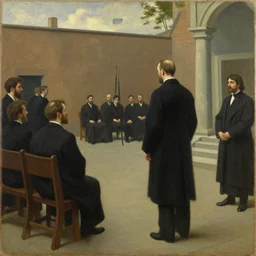 public trial in a courtyard, grant wood, pj crook, edward hopper, oil on canvas