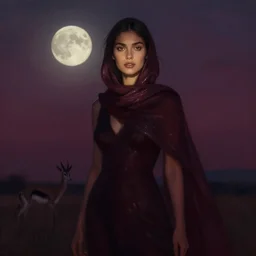 lush luminous twilight portrait in mysterious femininity, ethnic, clear eyes, statuesque, gazelle - like, confident realistic face, radiant skin, dark gown and scarf, svelte fashion design, bathed in moonlight, chiaroscuro, impressionism, bordeaux color scheme, silhouette, glint highlights, deep rich hues, illustration