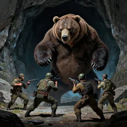 giant grizzly bear monster fighting hunters, near a cave, art by ismail inceoglu and filip hodas. matte painting, chiaroscuro, vaporwave